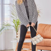 Black & White Classic Plaid Tweed Blazer For Women Open Front Collarless Long Sleeves Lined