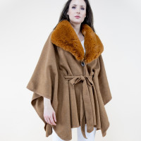 Faux Fur Shawl Coat Belted Poncho with collar - Camel Brown