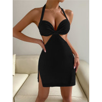 Backless Halter Neck Cut Out Dress Hollow Out Micro Mini Black Cocktail Dress