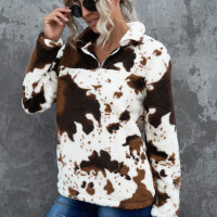 Cow Print Western Jacket Faux Fur Coat Brown Zip Pockets Short Winter Coat Womens