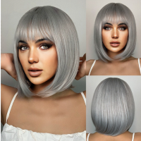 Bob Style Wig Silver Blonde Gray Short Straight Hair Neck Length