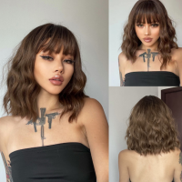 Bob Style Wigs Wavy Brown Hair with Bangs Neck Length