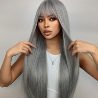 Long Straight Hair Wig with Bangs Ash Gray Hip Length