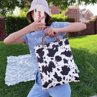 Cow Print Tote Bag PU Leather Handbag 14x12 Bamboo Handles