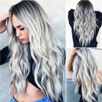 Long Ombre Silver Blonde Hair Straight at the top Wavy at the ends