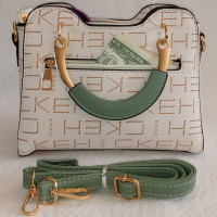 Green & Beige Handbag Leather Handbag with Shoulder Strap Stylish & Functional 6 Pockets