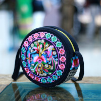 Embroidered Round Shoulder Bag Bright Multi Color Floral bag adjustable strap