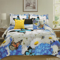 7 Piece Comforter Set Blue Butterflies Queen Size Oversized Overfilled