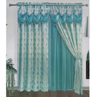 Teal Curtains Jacquard Panel with Backing Attached Waterfall Valance with Tassels