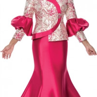 GMI Jacquard Wrapped Magenta Church Skirt Suit features a striking magenta color adorned with a beautiful floral pattern
