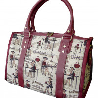 Tapestry Personal Item Bag  Duffle Bag Parisian Theme Leather Trim Straps & Handles