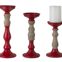 Red Candle Holder with Wood Accent (Set of 3)