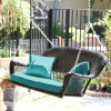 Jeco Espresso Resin Wicker Porch Swing with Turquoise Cushion
