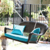 Jeco Espresso Resin Wicker Porch Swing with Sky Blue Cushion