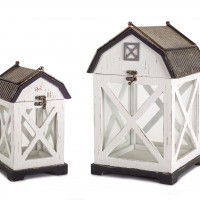 Distressed White Wood Barn Style Lantern (Set of 3)