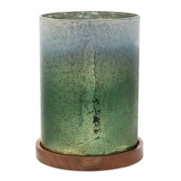 Green Mercury Glass Candle Holder with Wood Base 8.5