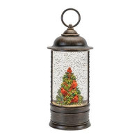 LED Snow Globe Lantern with Cardinal Holly Tree 9.75