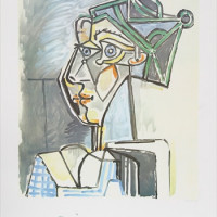 Tete de Femme au Chignon - Blue-Green-Yellow-Gray - Lithograph on Paper 29 In. x 22 In.