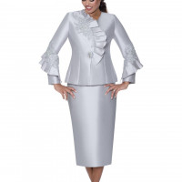 GMI Elegant Plus Size Church Dress Size 16W Silver Color Two-Piece Formal Suit Featuring Asymmetric Ruffled Jacket with Lace and Bead Embellishments