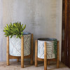 Kalalou 11 x 17 in. Pressed Tin Planters with Wooden Bases - Set of 2